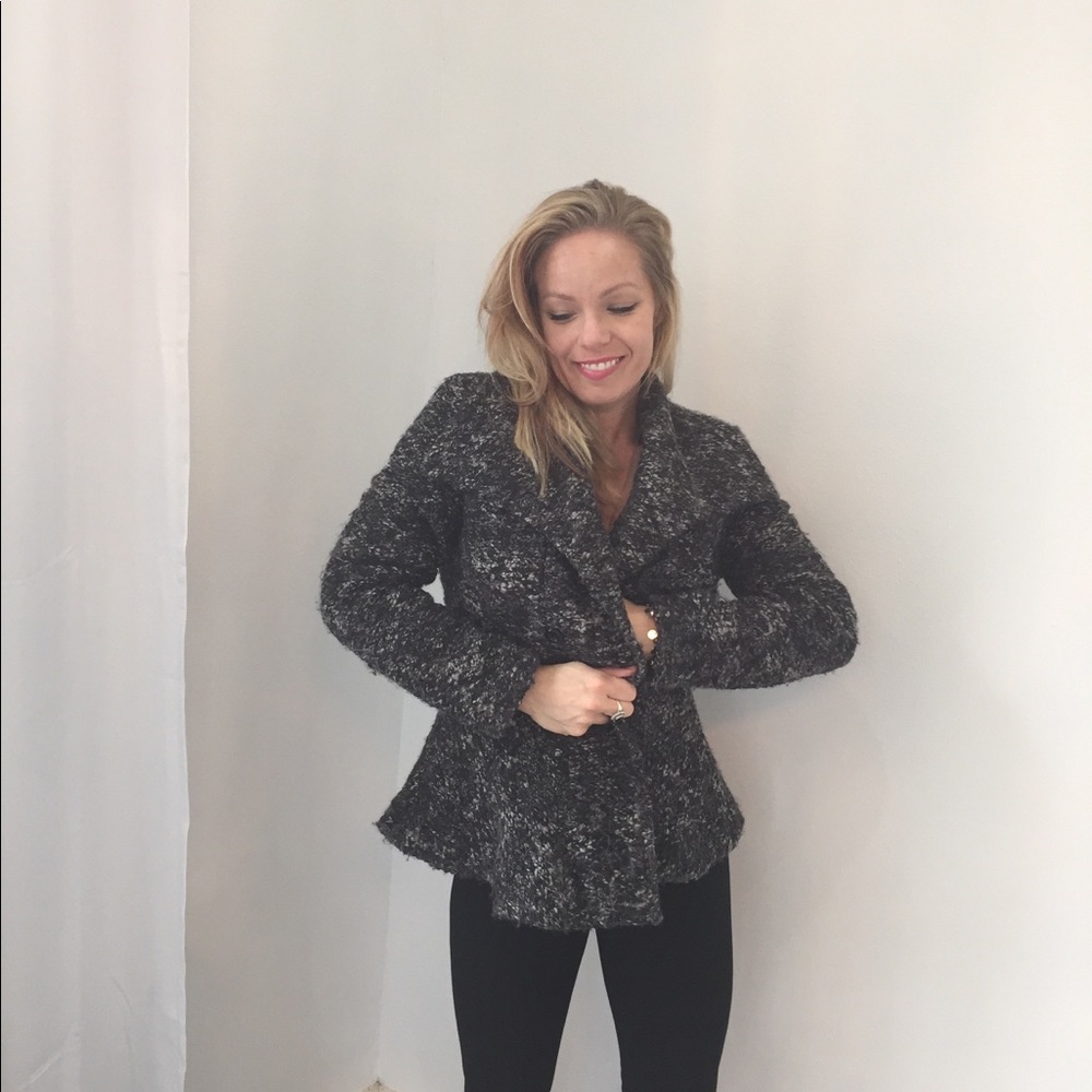 Sexy Feminine Black Gray Wool Tweed Button Jacket